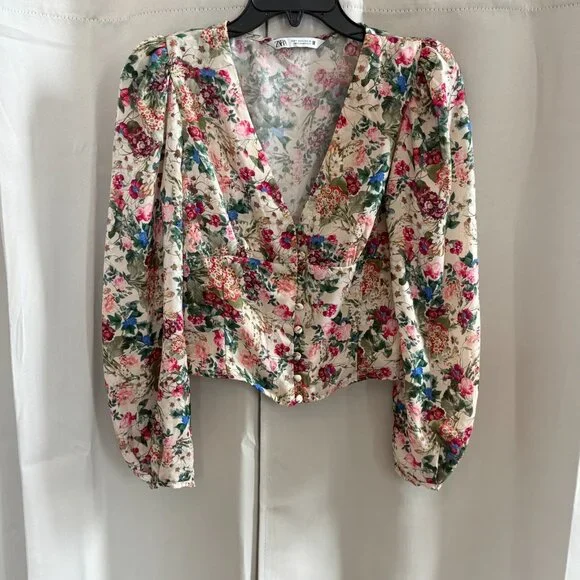 Zara Women Top Small Babydoll Romantic Floral Cropped Button Up Satiny Y2K 18126 - Picture 1 of 7